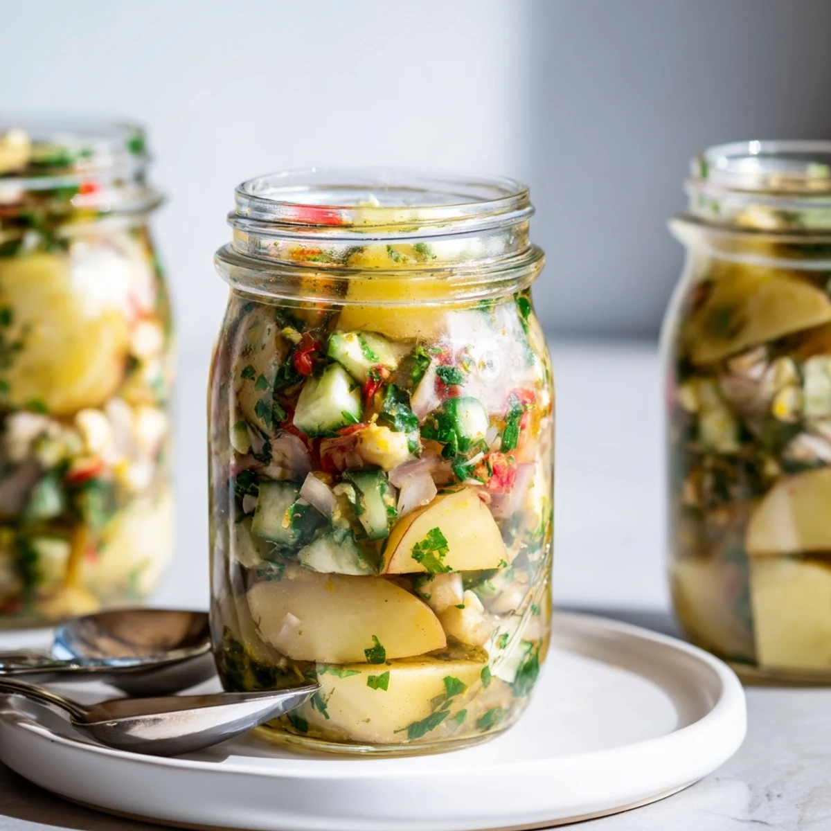Bunte German Potato Salad Jars mit knackigem Gemüse und cremigem Dressing serviert.