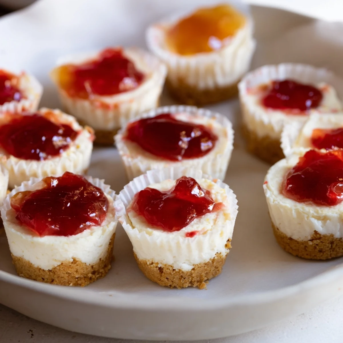 Zarte Quark-Cheesecake-Häppchen auf einem Tablett, perfekt für Partys und Snacks.  