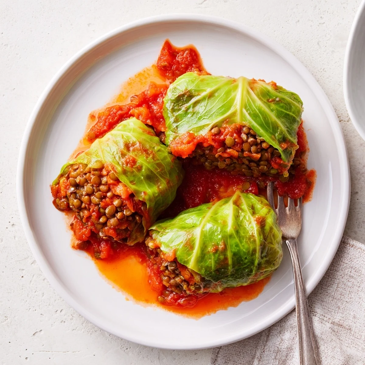 Zarte Kohlblätter gefüllt mit würziger Linsenreis-Mischung in Tomatensauce.  