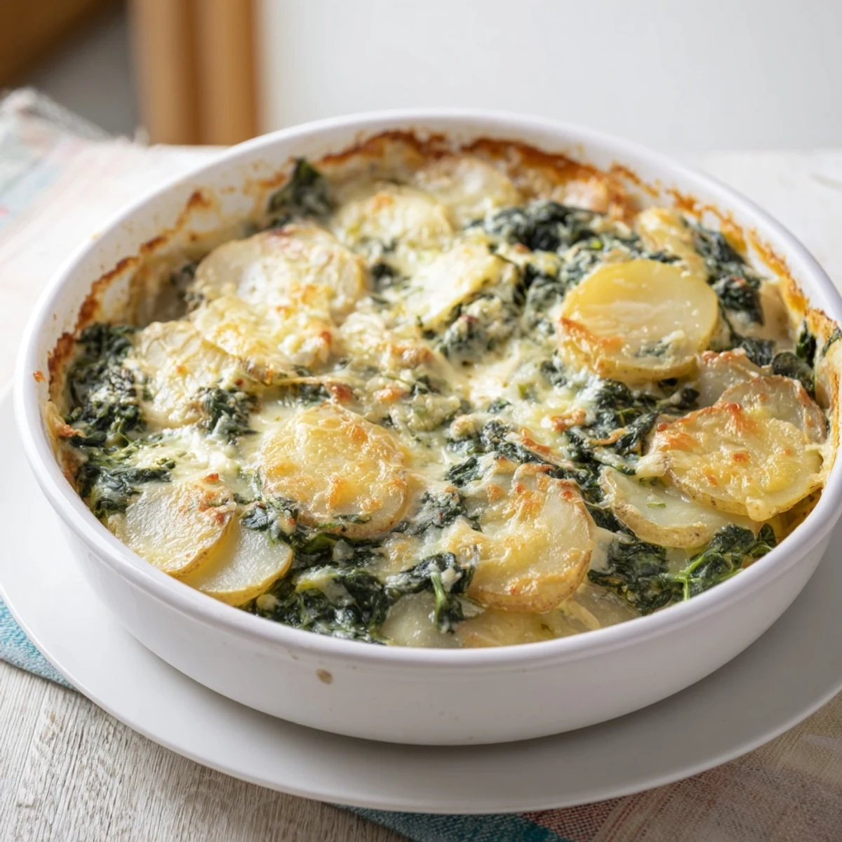 Zartes Spinach und Kartoffel Kastelruther Casserole, goldbraun gebacken und dampfend heiß serviert.  