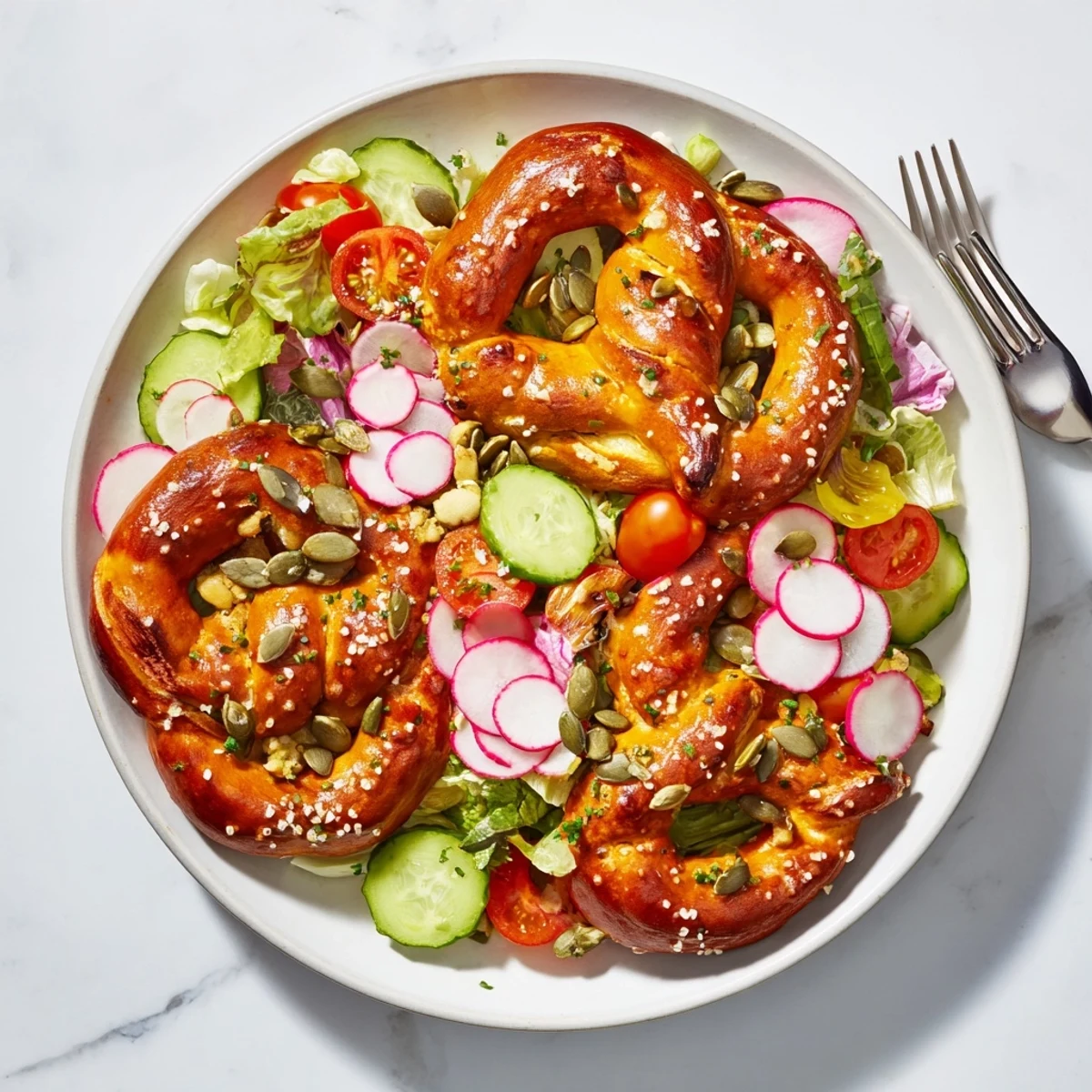 Bayerischer Brezelsalat mit bunten frischen Gemüse und knusprigen Brezenstücken angerichtet.  