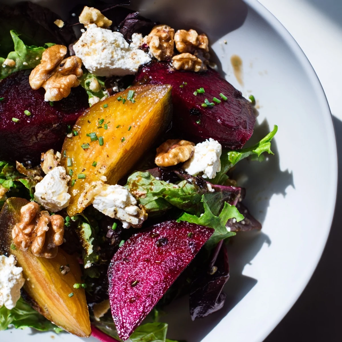 Rote Bete und Ziegenkäse-Salat mit knackigen Walnüssen und würziger Vinaigrette