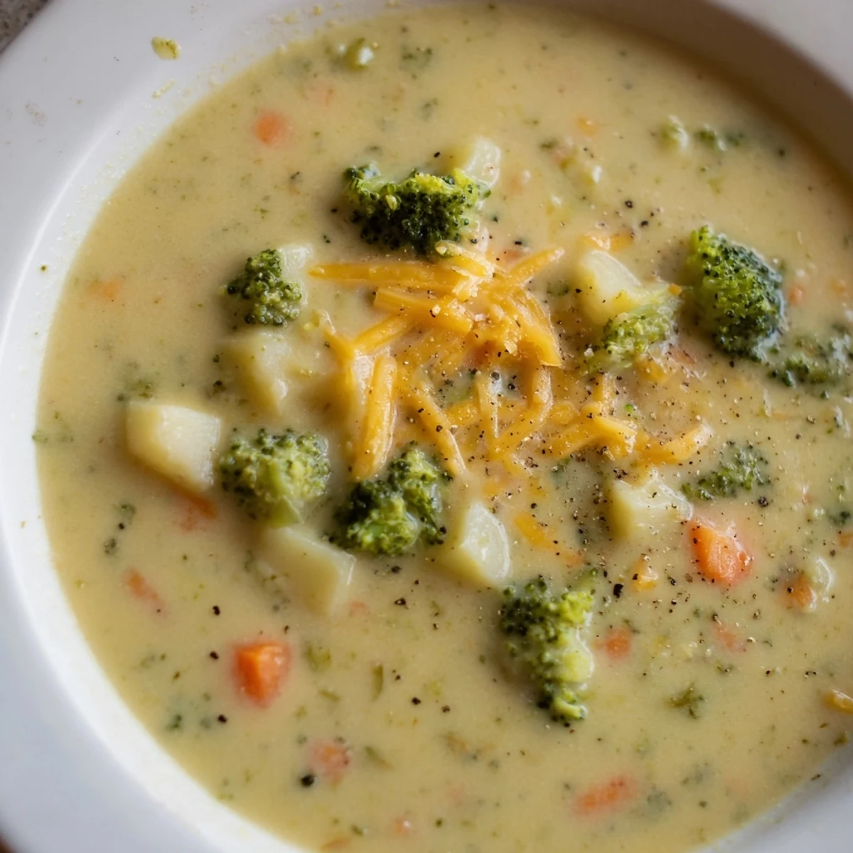 Steamy bowl of creamy broccoli and cheese soup, garnished with freshly grated cheese and pepper.