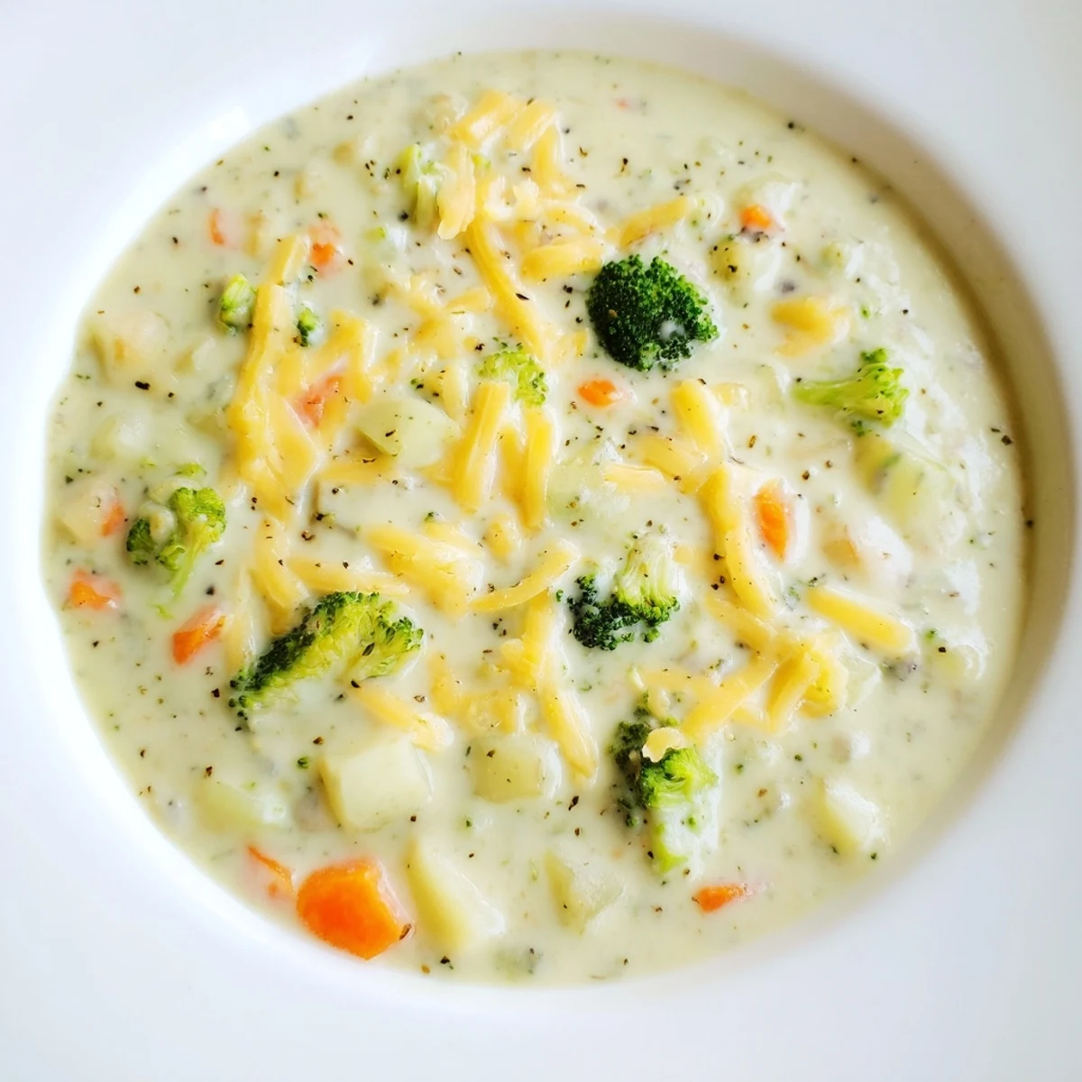 A close-up of a steaming bowl of creamy broccoli and cheese soup, ready to be enjoyed.