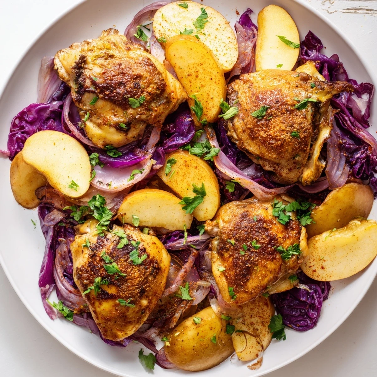 Golden-brown Budget Oktoberfest Chicken and Red Cabbage Bake with tender chicken thighs and potatoes.