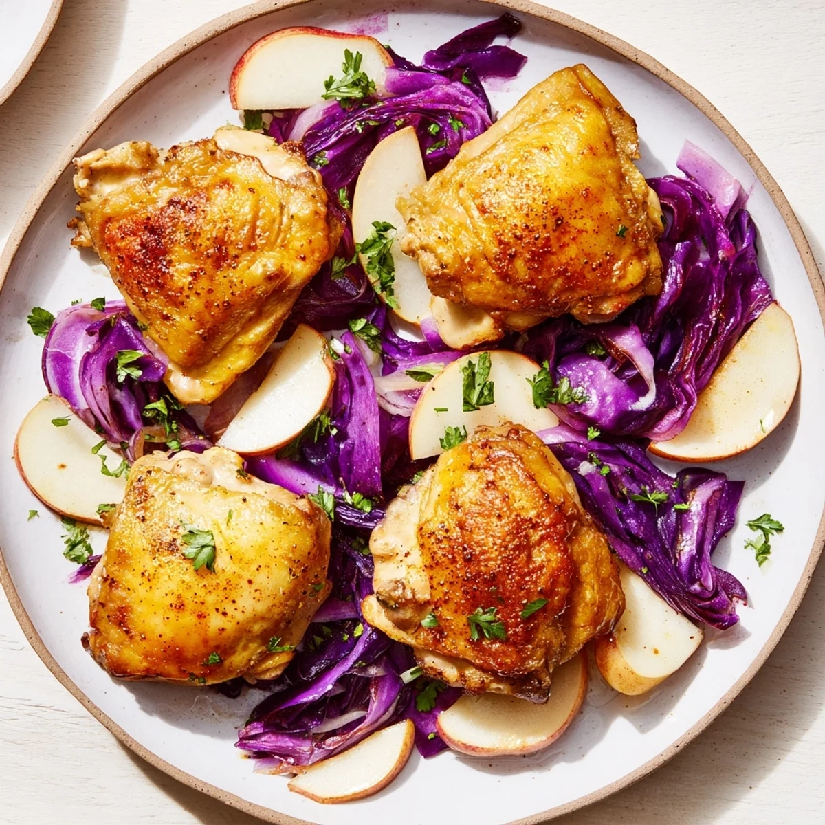 A steaming baking dish of Budget Oktoberfest Chicken and Red Cabbage Bake ready for a hearty family dinner.