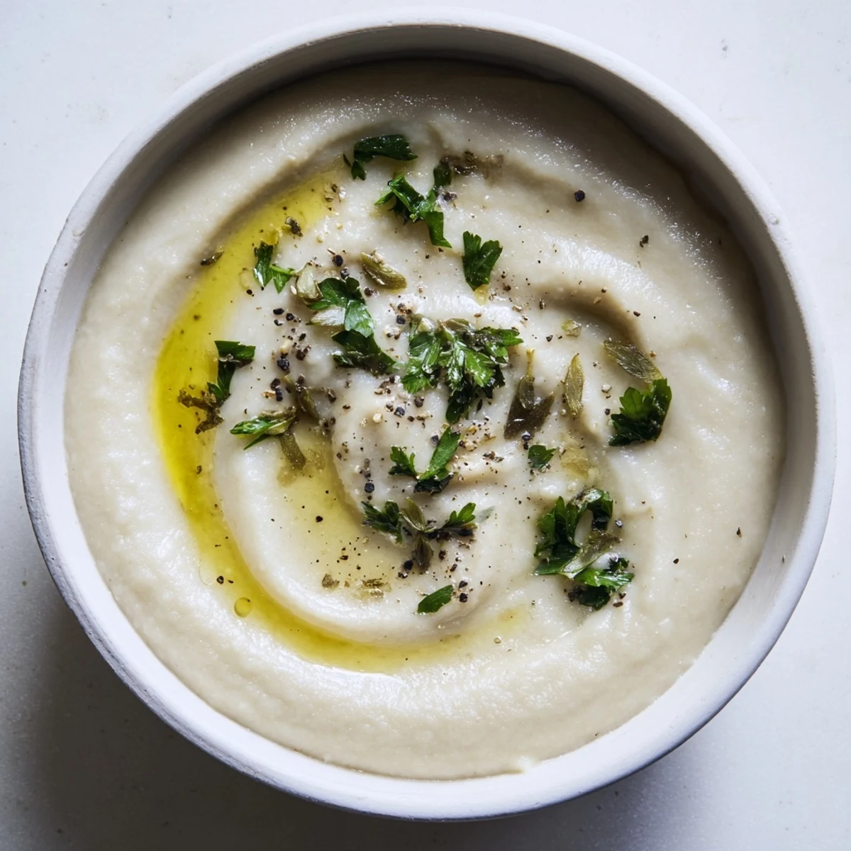 Creamy garlic potato soup, a steaming bowl with fresh parsley garnish, ready to enjoy.