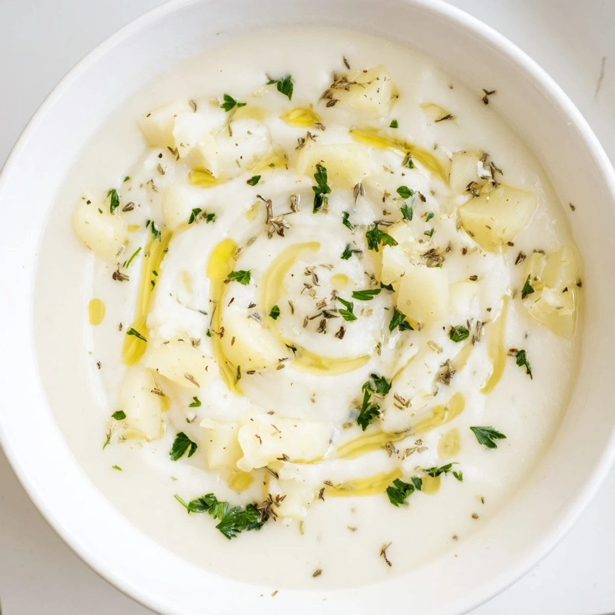 Thick and creamy vegan creamy garlic potato soup, seasoned with herbs, a comforting dinner.