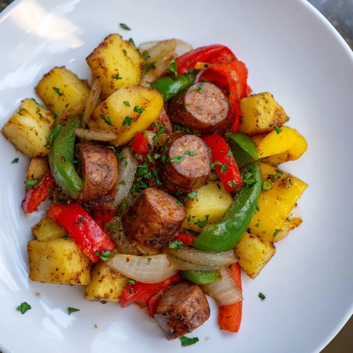 Smoky One-Pot Kielbasa and Potato Bake, served steaming hot from the oven with fresh parsley.