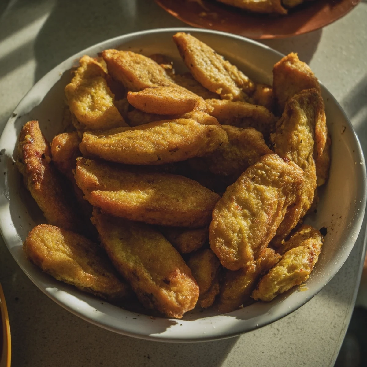 Juicy skillet-fried German Meatballs, shown golden, ready to serve with potatoes and mustard.