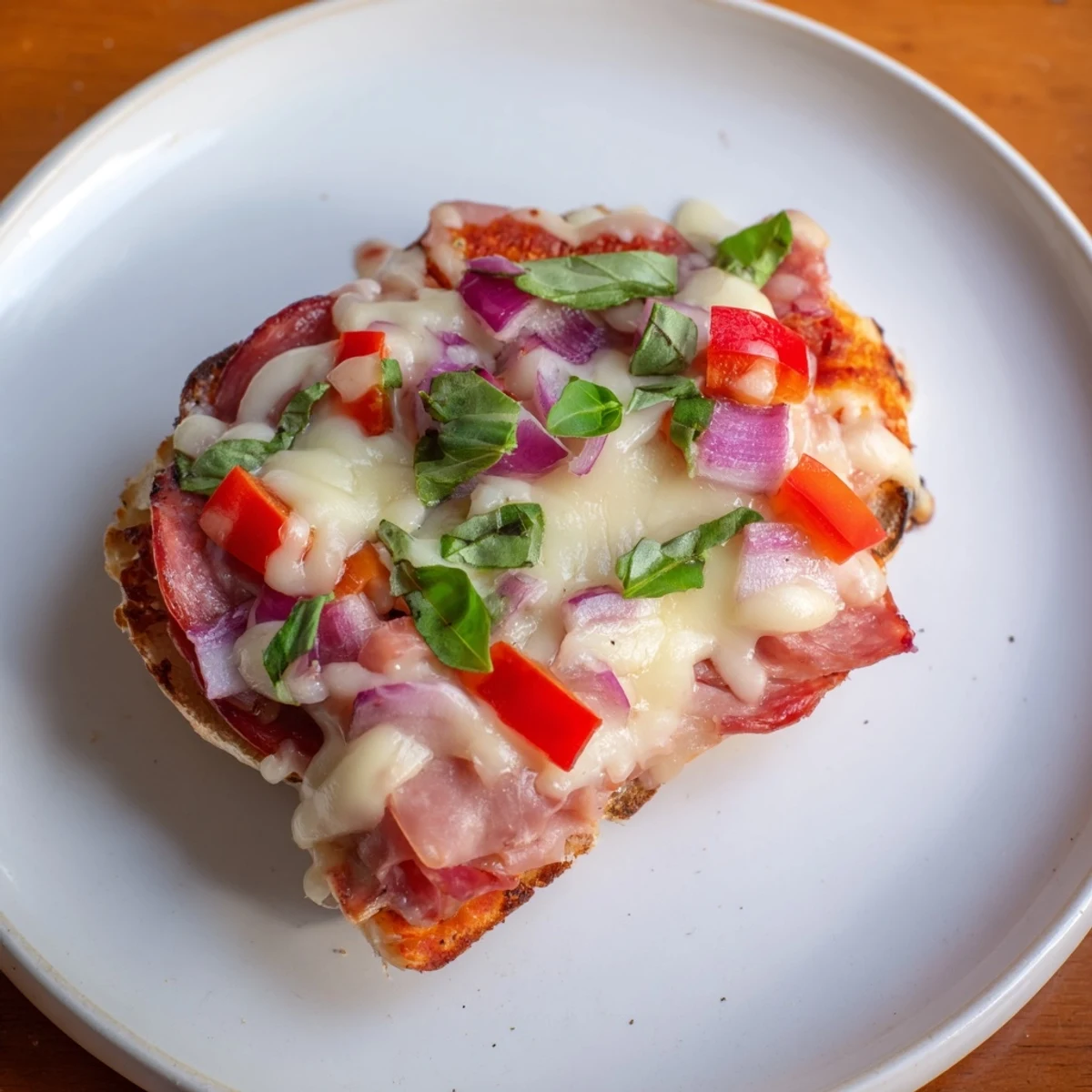 Freshly baked Brötchen Pizza-Hack, topped with melted mozzarella and colorful bell peppers, ready to eat.