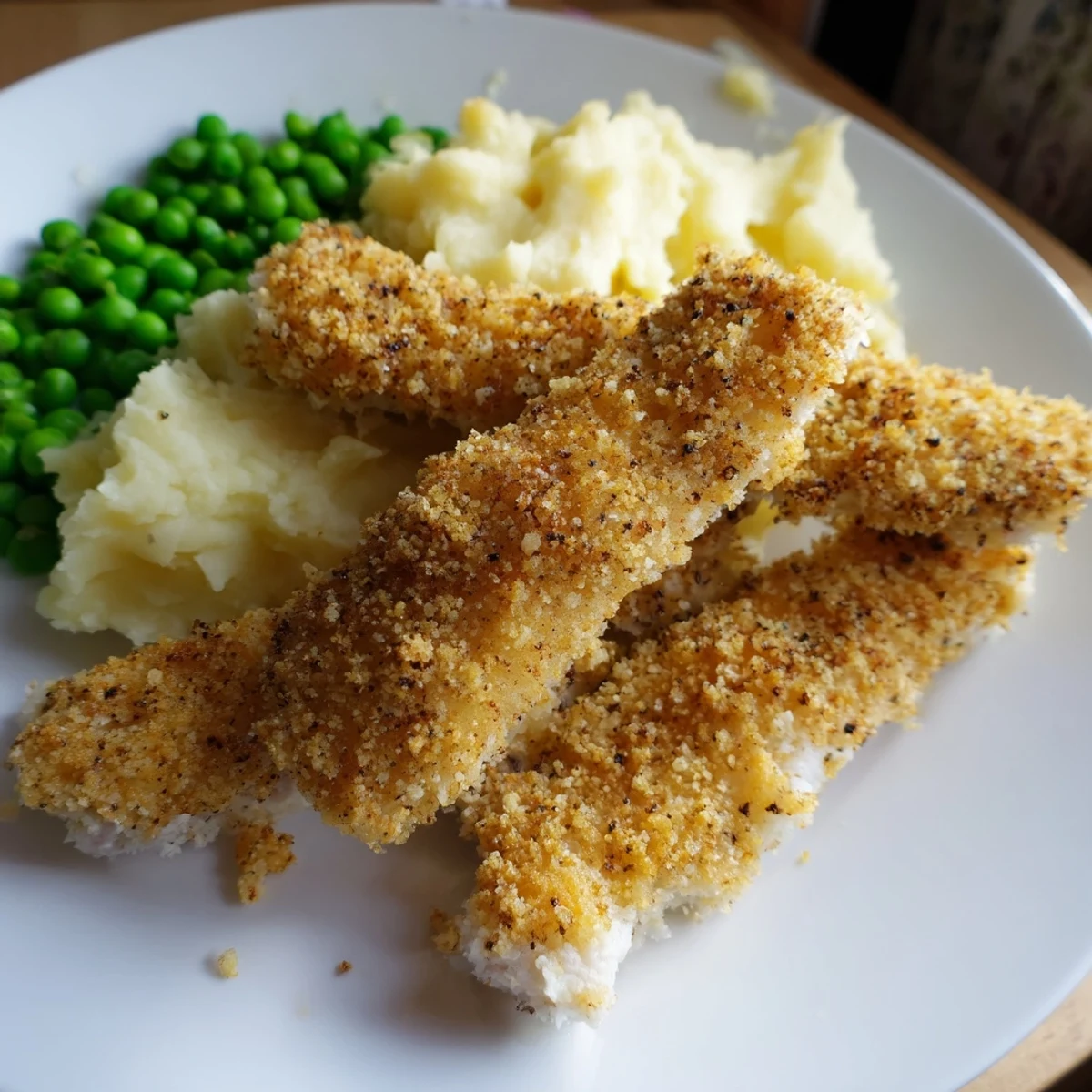 Knusprige Ofen-Fischstäbchen, serviert mit Kartoffelpüree und Erbsen, ein warmes und sättigendes Gericht.