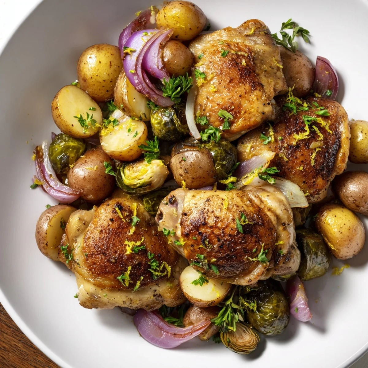 One-pan chicken with potatoes and Brussels sprouts, golden and sizzling, ready to serve with lemon.