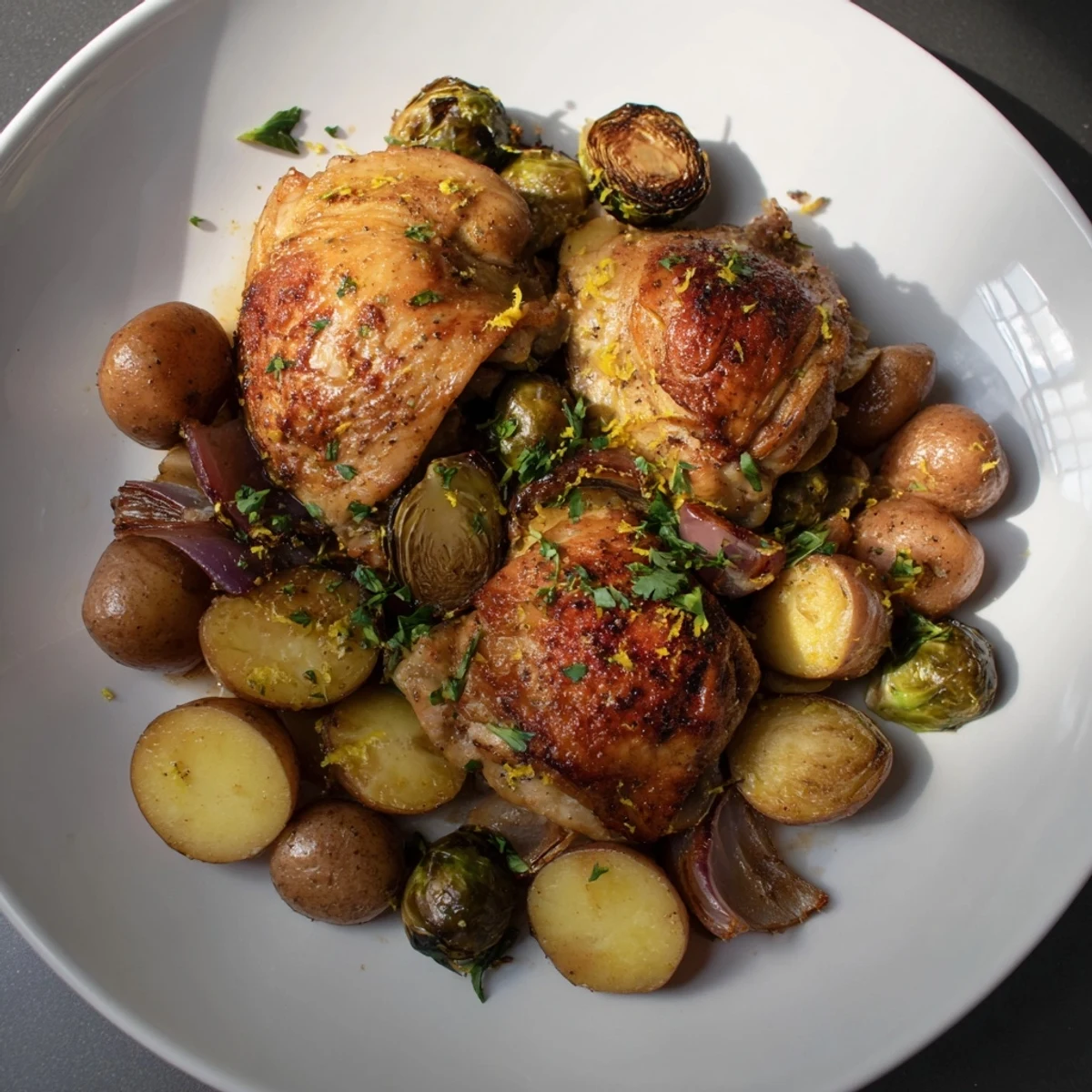 This one-pan chicken recipe features tender chicken, roasted potatoes, and caramelized Brussels sprouts on a baking sheet.