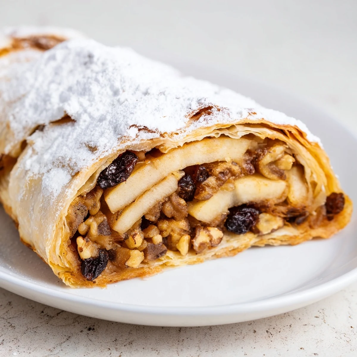 Beautifully dusted apple strudel, a classic Austrian dessert, ready to slice and serve.