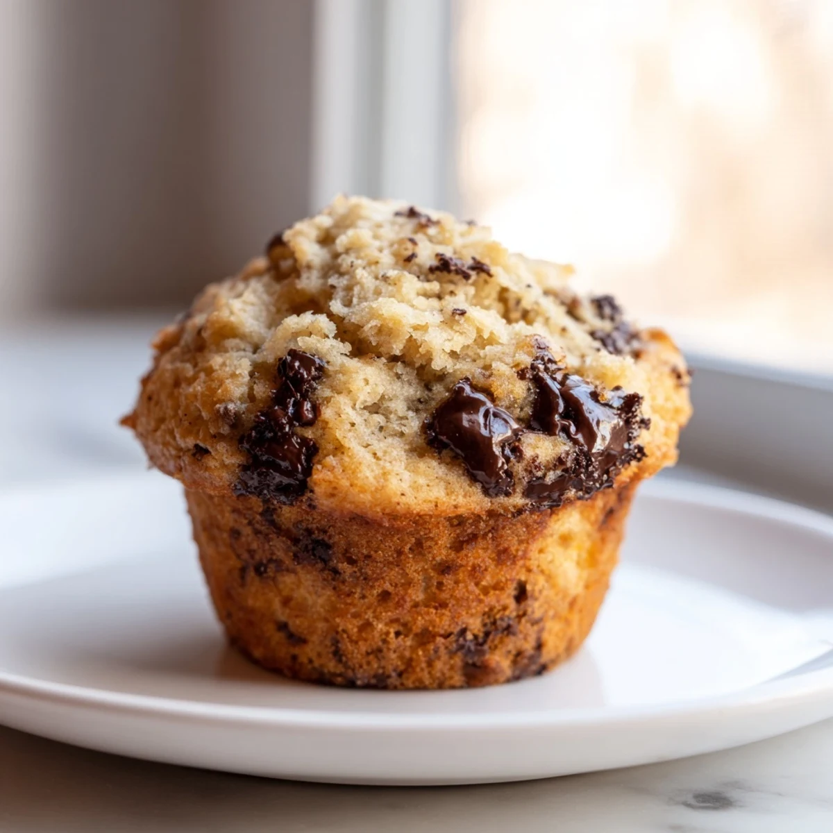 Fluffy, moist banana chocolate muffins with visible chocolate chips, a delicious treat.