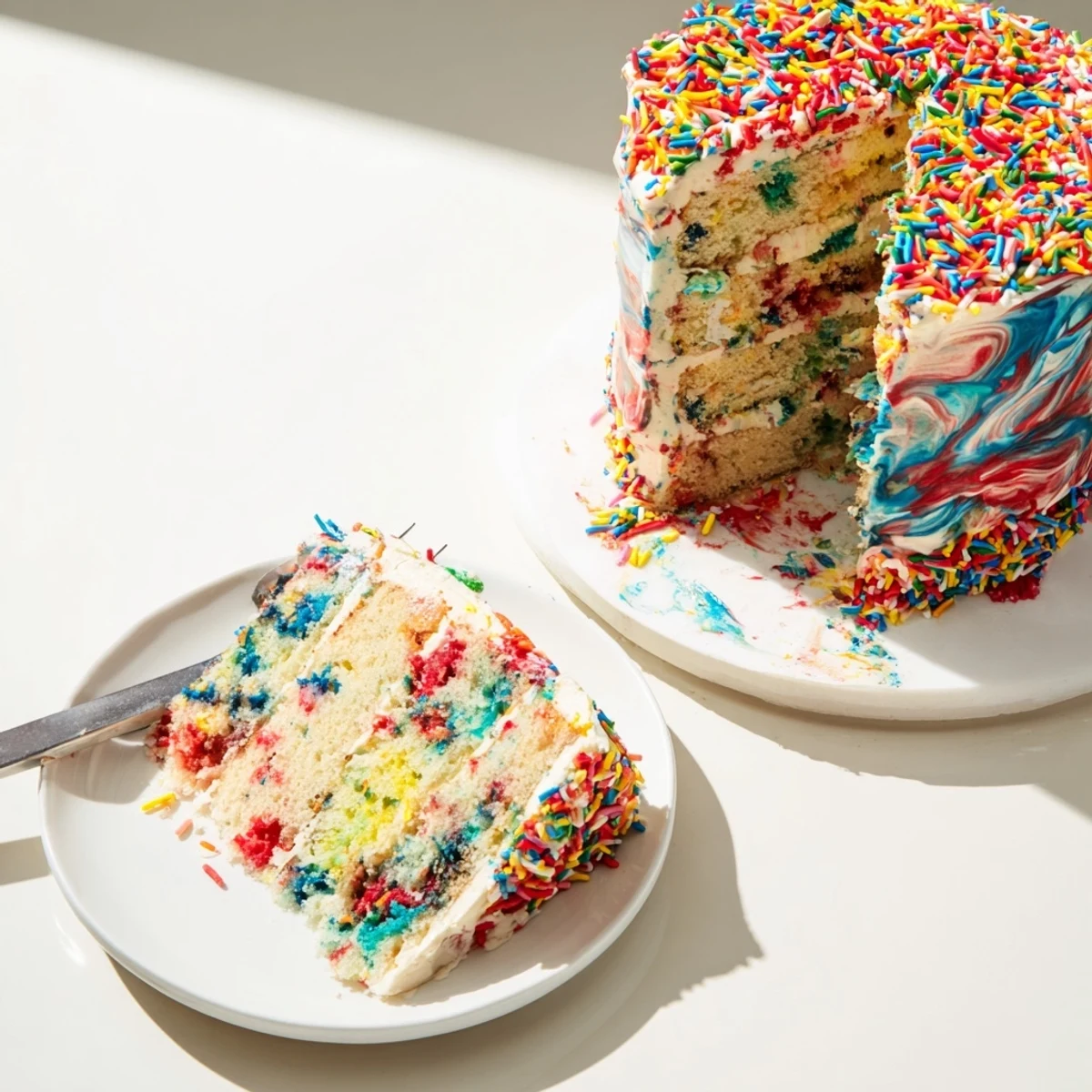 A slice of Chaotic Funfetti Cake with colorful sprinkles and creamy, vibrant frosting.