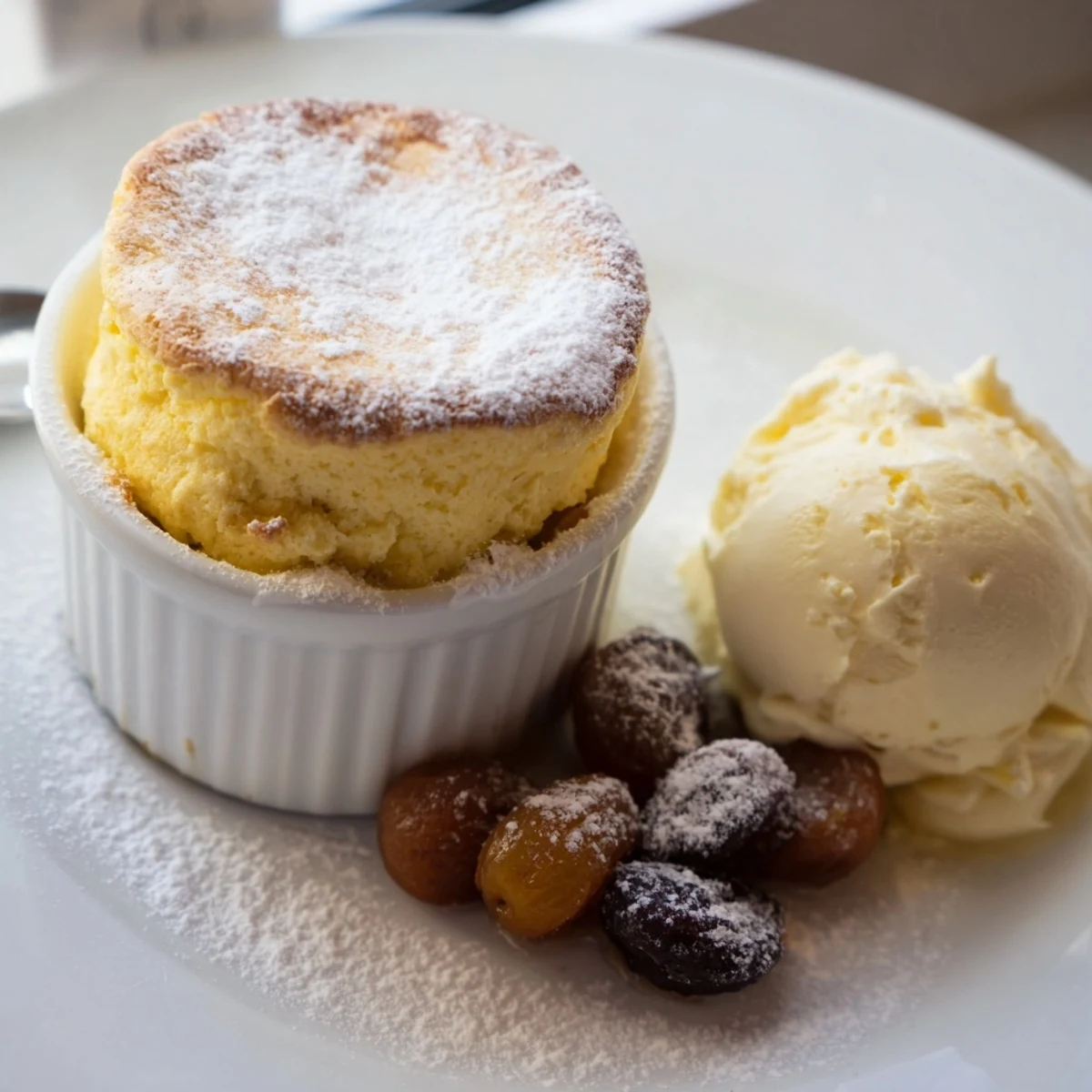 A close-up of a golden brown Mulled Wine Soufflé ready to eat with the compote.