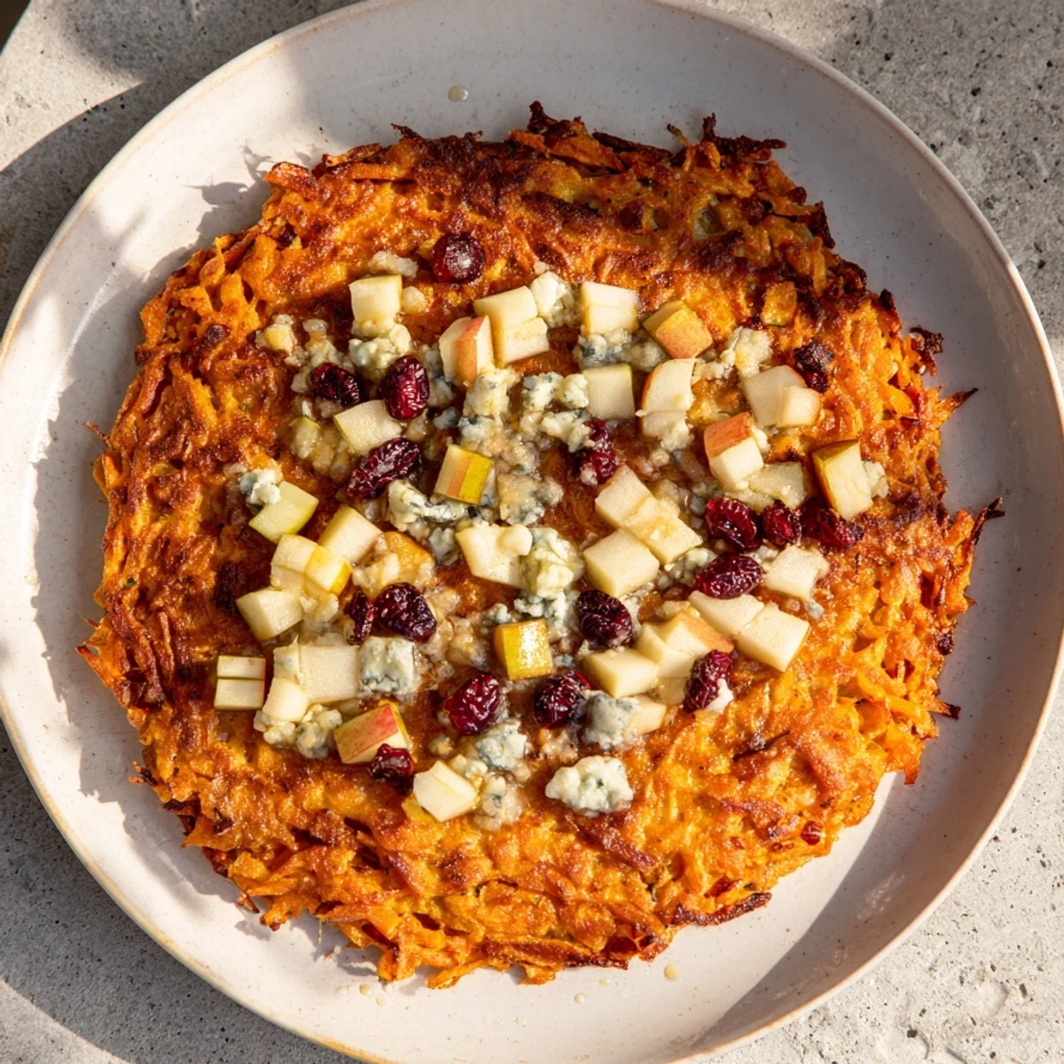 Golden and crispy potato pancakes topped with creamy Gorgonzola-apple compote, a delightful main dish.