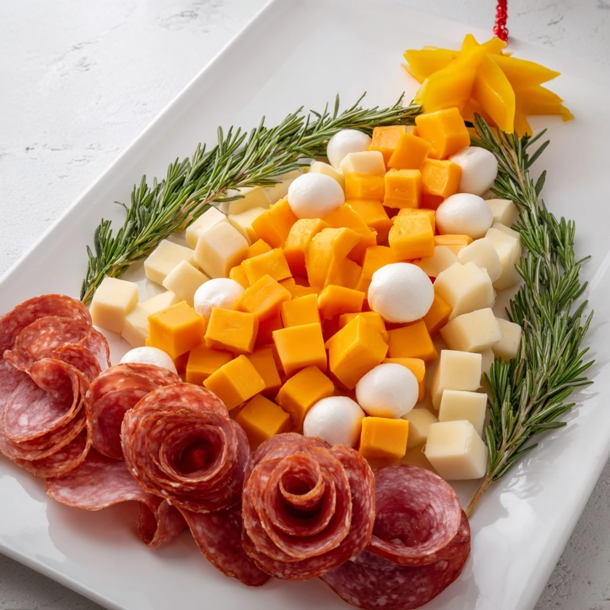 Festive Christmas Tree Snack Board with colorful cheeses, meats, and vibrant fruits, ready to serve.