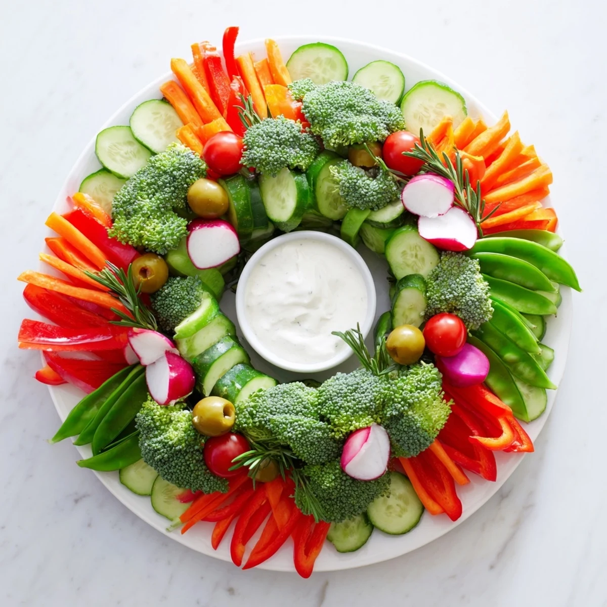 A visually appealing Wreath Veggie Dip Platter: a vibrant appetizer bursting with crunchy, fresh vegetable flavors.