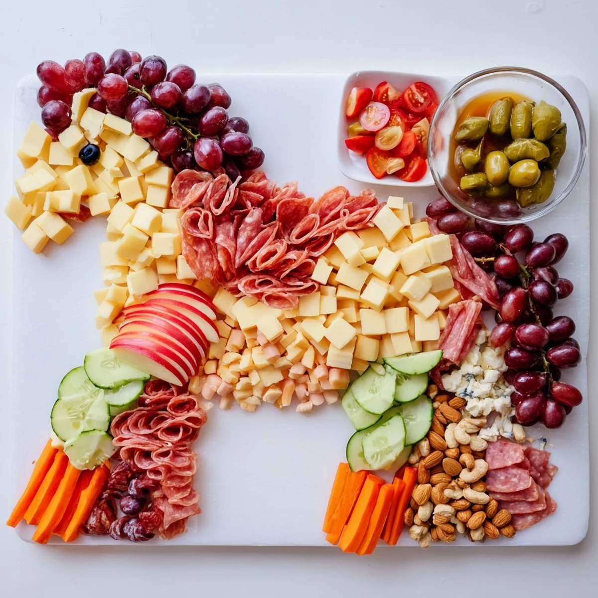 Delicious Horse-Shaped Grazing Board brimming with cheese, meats, and colorful fruits, perfect for parties.