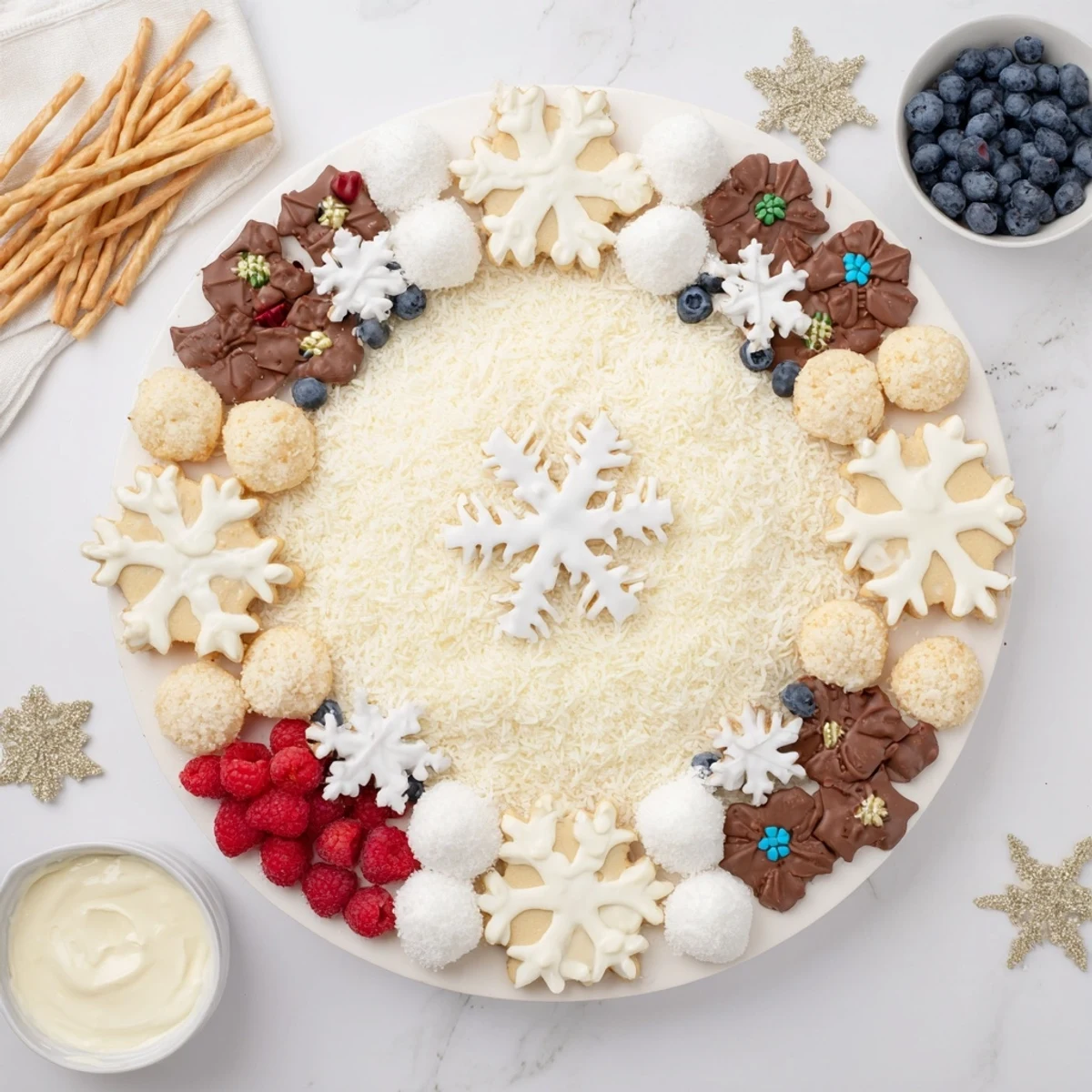 A snowy white Snowflake Dessert Board overflowing with holiday treats, perfect for sharing.