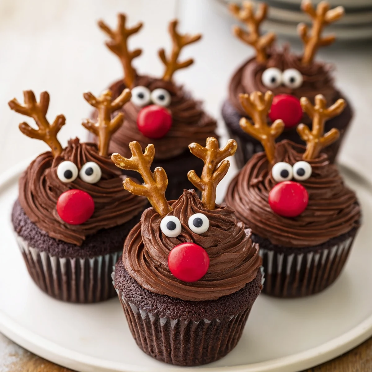 A festive Reindeer Holiday Dessert Platter featuring chocolate reindeer cupcakes and spiced cranberry mousse.
