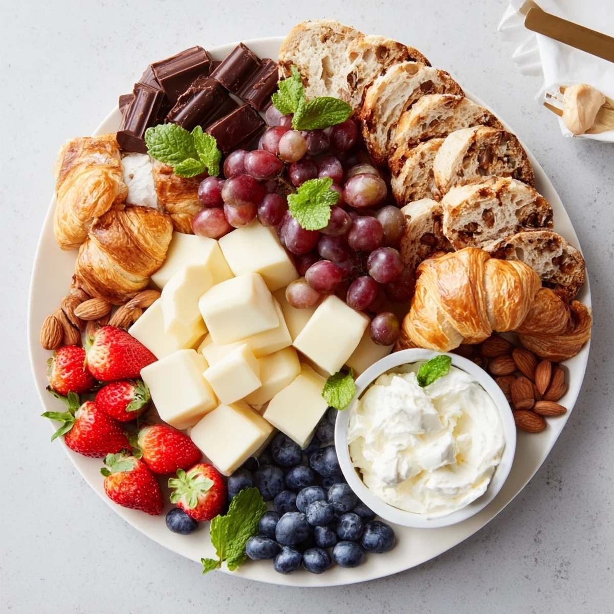 Beautifully arranged Gift Box Brunch Board Delight, featuring croissants, cheeses, and fruits ready to enjoy.