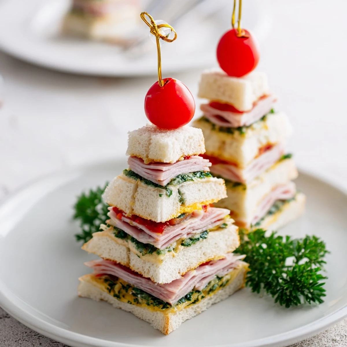 Delicious mini sandwiches, ham and cheese Christmas Tree Towers, with a cherry tomato "star", ready to serve.