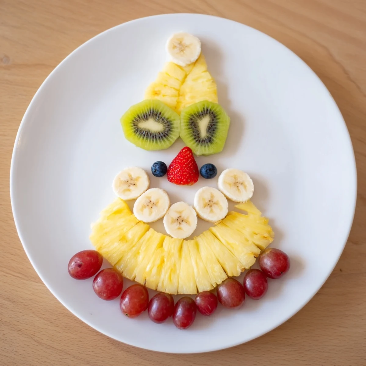 Imagine a fun Santa Fruit Platter, perfect for parties, with pineapple and strawberry details.