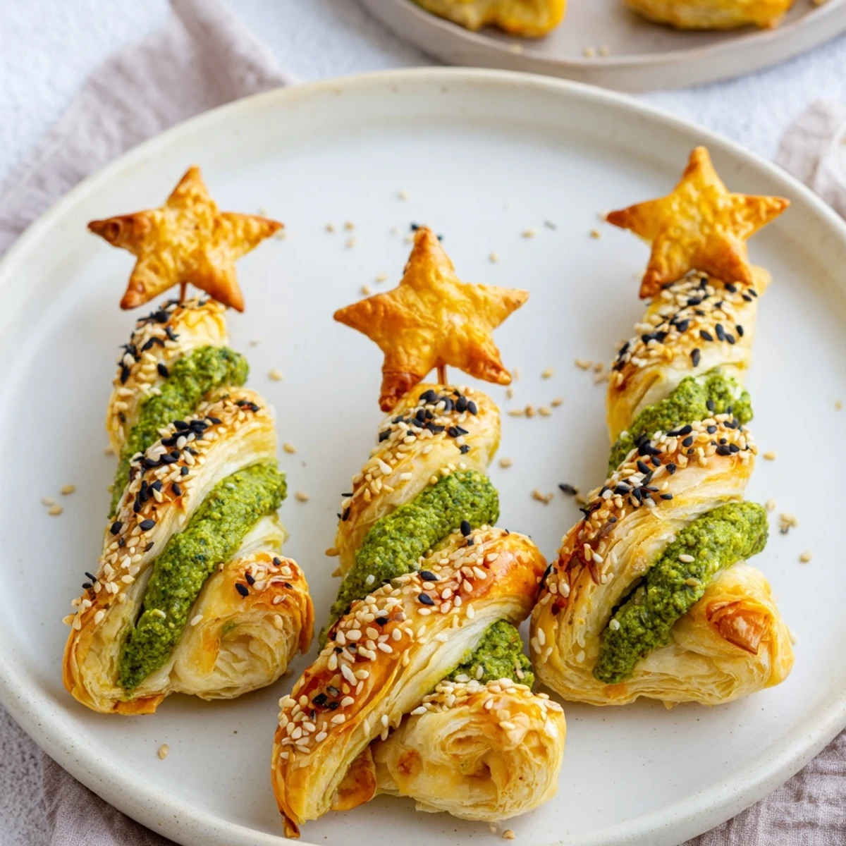 Golden-baked puff pastry Christmas tree appetizer, filled with herbed cheese and pesto, perfect for the holidays.
