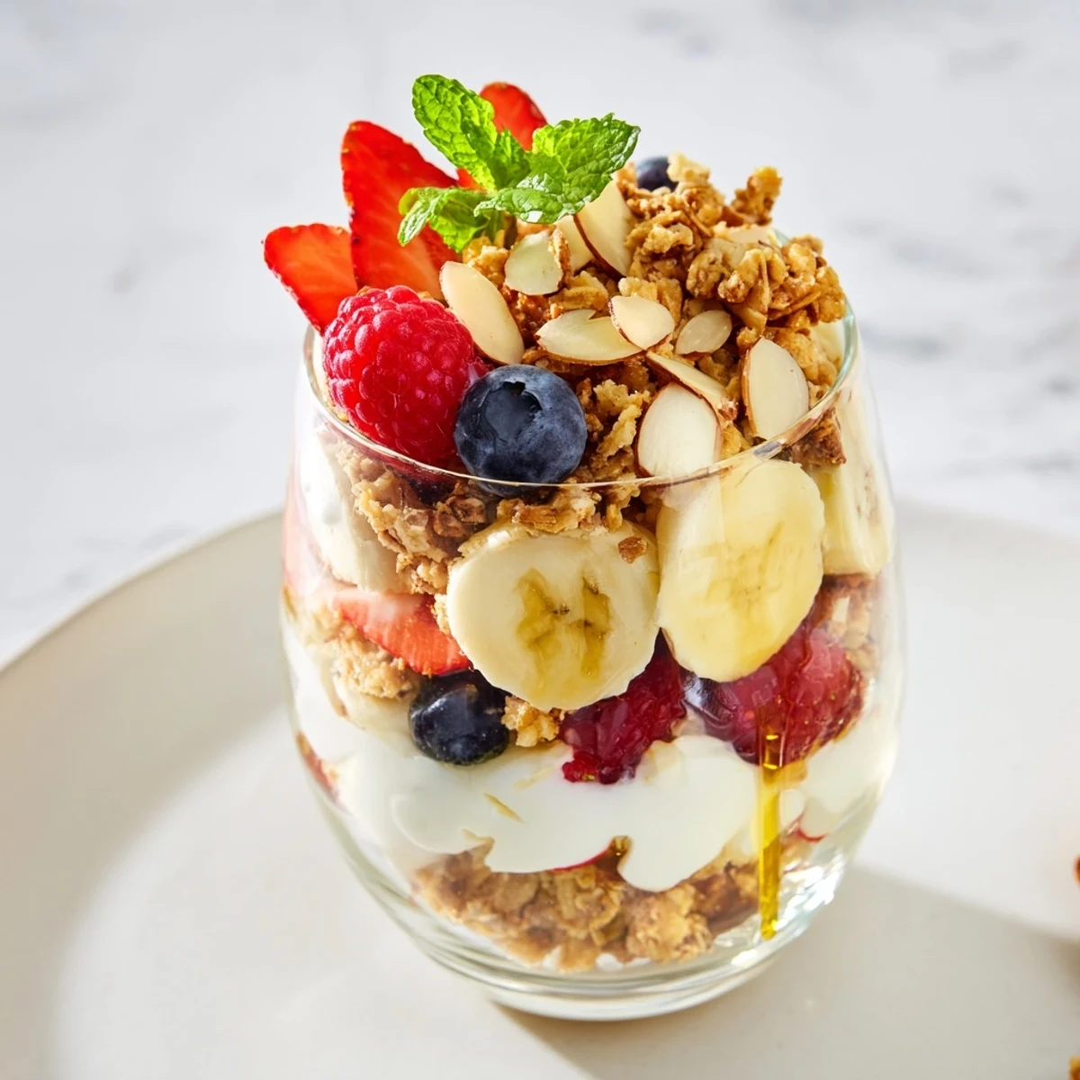 Yogurt and granola parfait glasses layered with fresh berries and creamy yogurt, ready to eat.