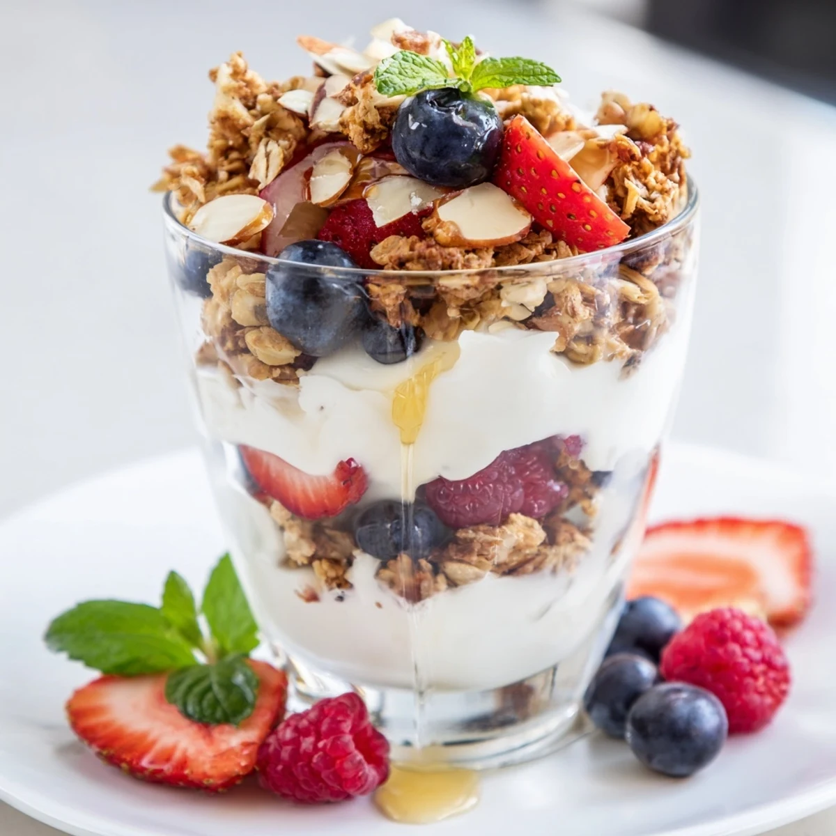 A vibrant close-up of a yogurt and granola parfait, showing the layers of fresh ingredients.