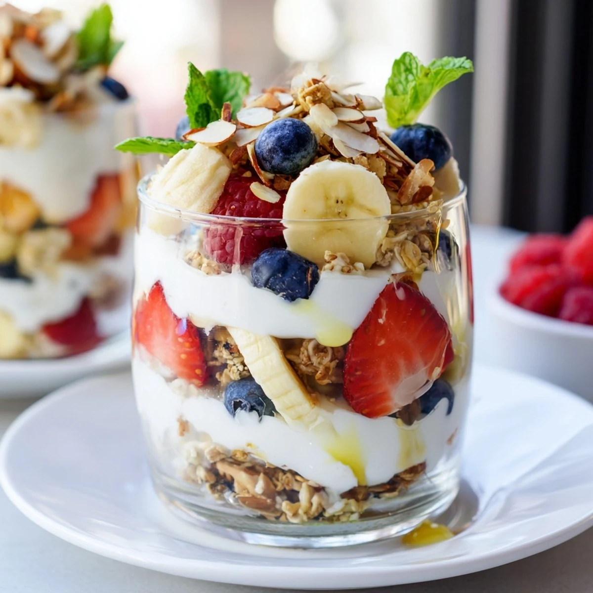 Golden granola spilling over the side of a yogurt and granola parfait glass, perfect for breakfast.