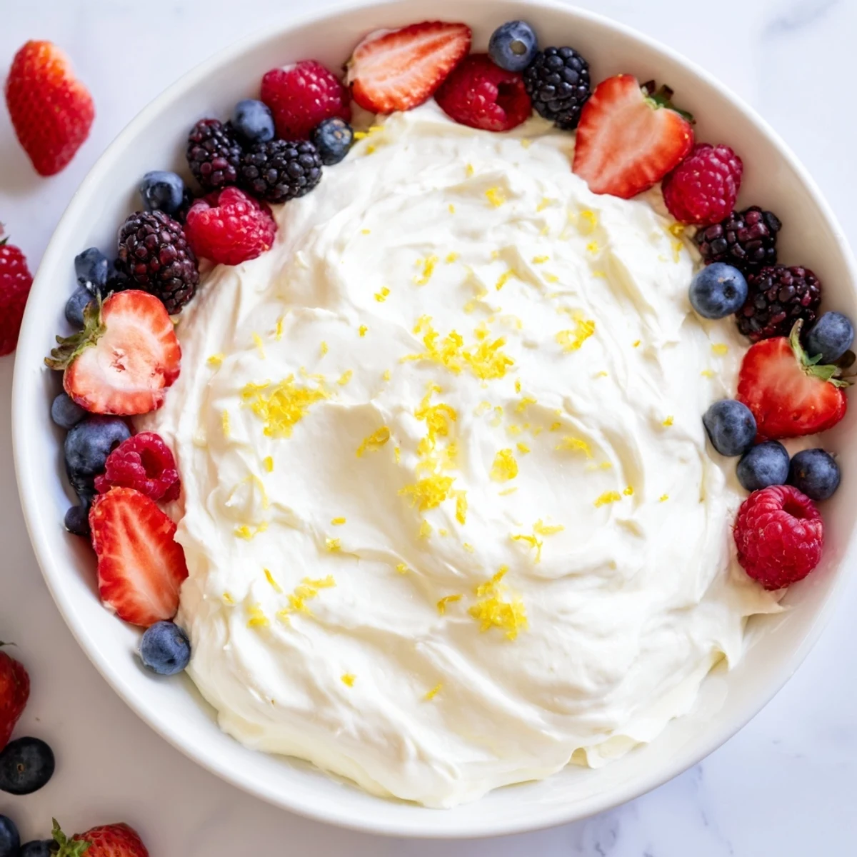 Fresh berries alongside a bowl of creamy, delicious fluffy cream cheese fruit dip.