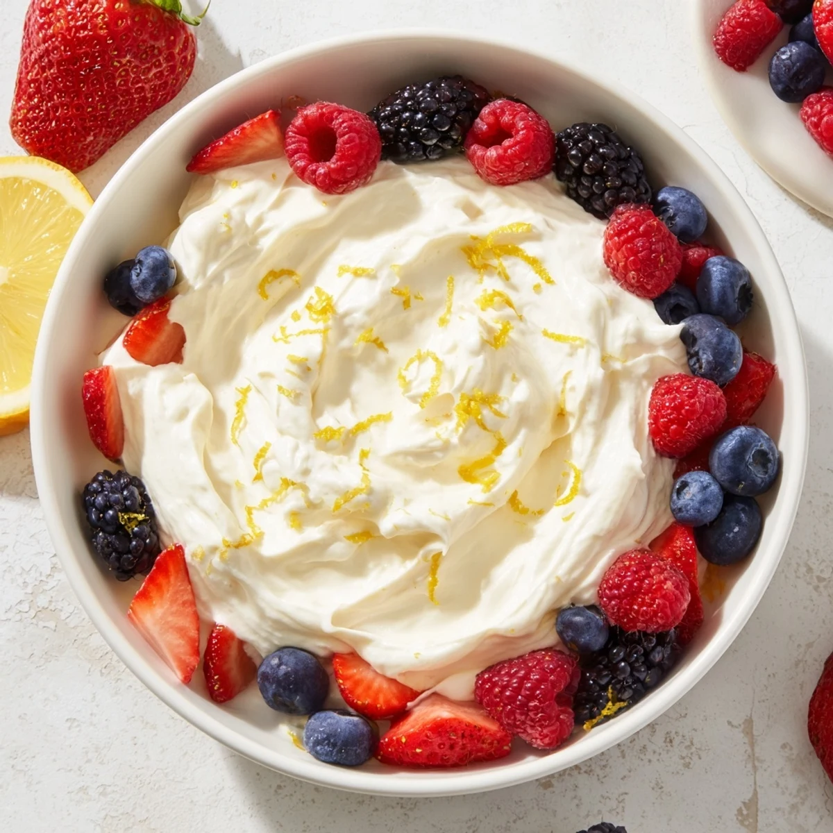A close-up of the easy fluffy cream cheese fruit dip ready to serve with seasonal fruit.