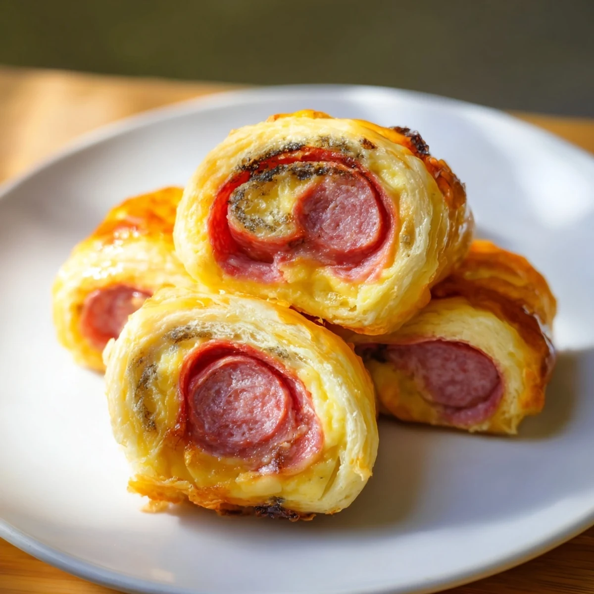 Golden-brown Sliced Cheddar and Salami Scrolls, smelling delicious, served warm from the oven for sharing.