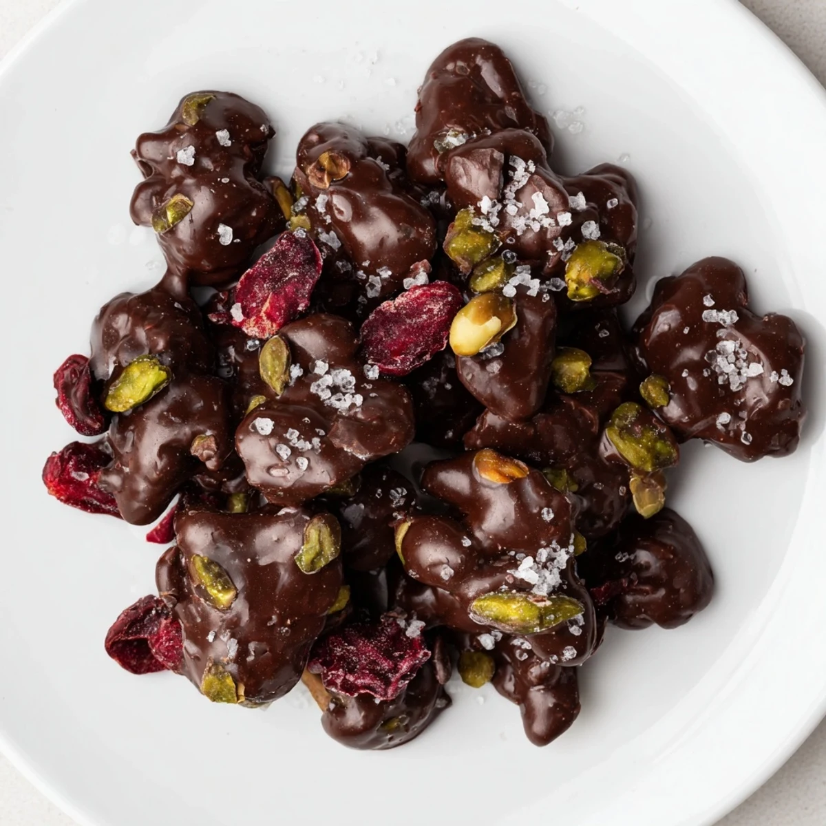 Pistachio and dried cranberry clusters: a close-up shows the delicious snack's dark chocolate coating.
