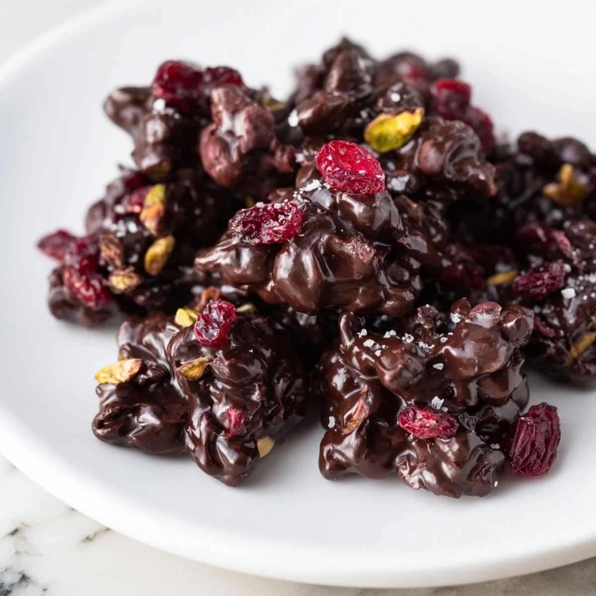 These homemade pistachio and dried cranberry clusters look inviting, topped with sea salt.