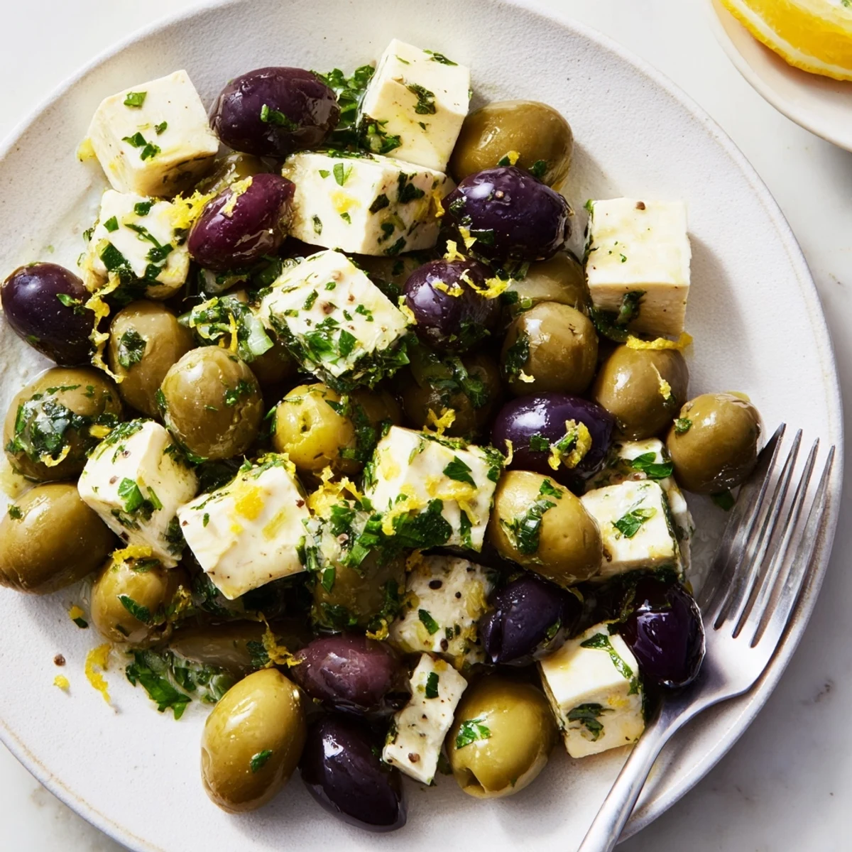 Festive Holiday Mix of Mixed Olives with Feta showing marinated olives and white feta cubes, garnished.