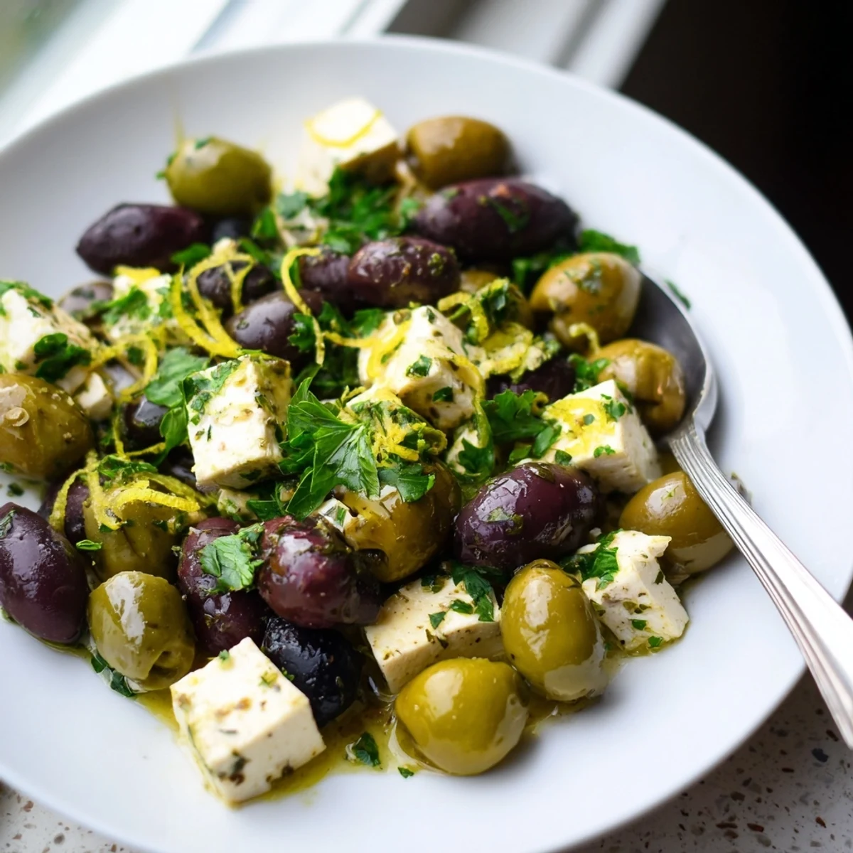 Brightly lit photo of Holiday Mix of Mixed Olives with Feta, ready to serve as a tasty appetizer.