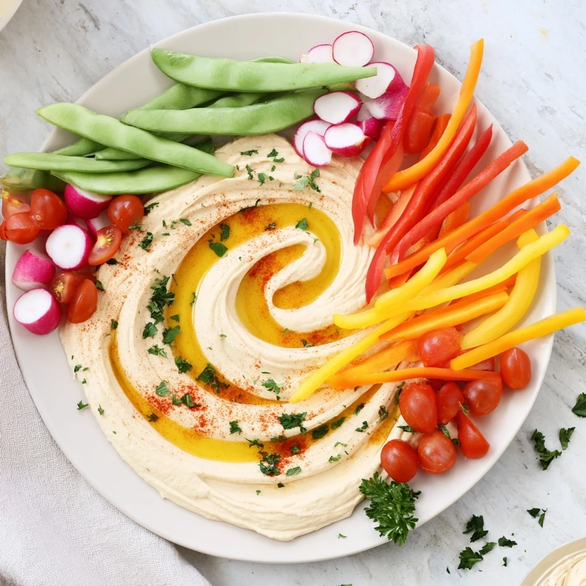 "Arrangierte Gemüse-Tributaries: Der River Delta Flow Appetizer, serviert mit cremiger Hummus-Fluss."