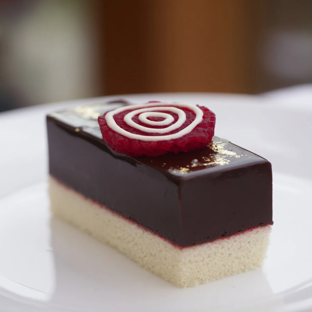 A close-up view of the Golden Ratio Shell dessert, featuring a decadent chocolate mousse swirl.