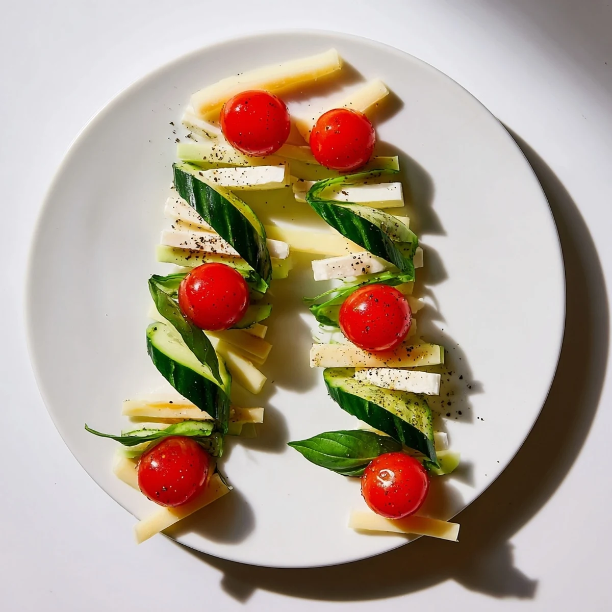 Black olive and tomato double helix genetic code appetizer elegantly presented with cheese bonds.