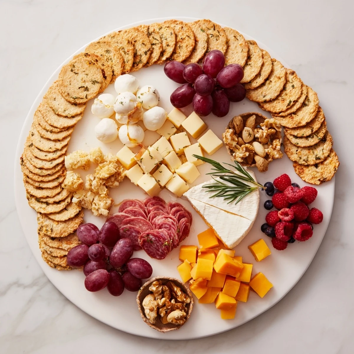 A visually stunning Ouroboros Circle appetizer platter, with cheeses, meats, and fruits arranged.