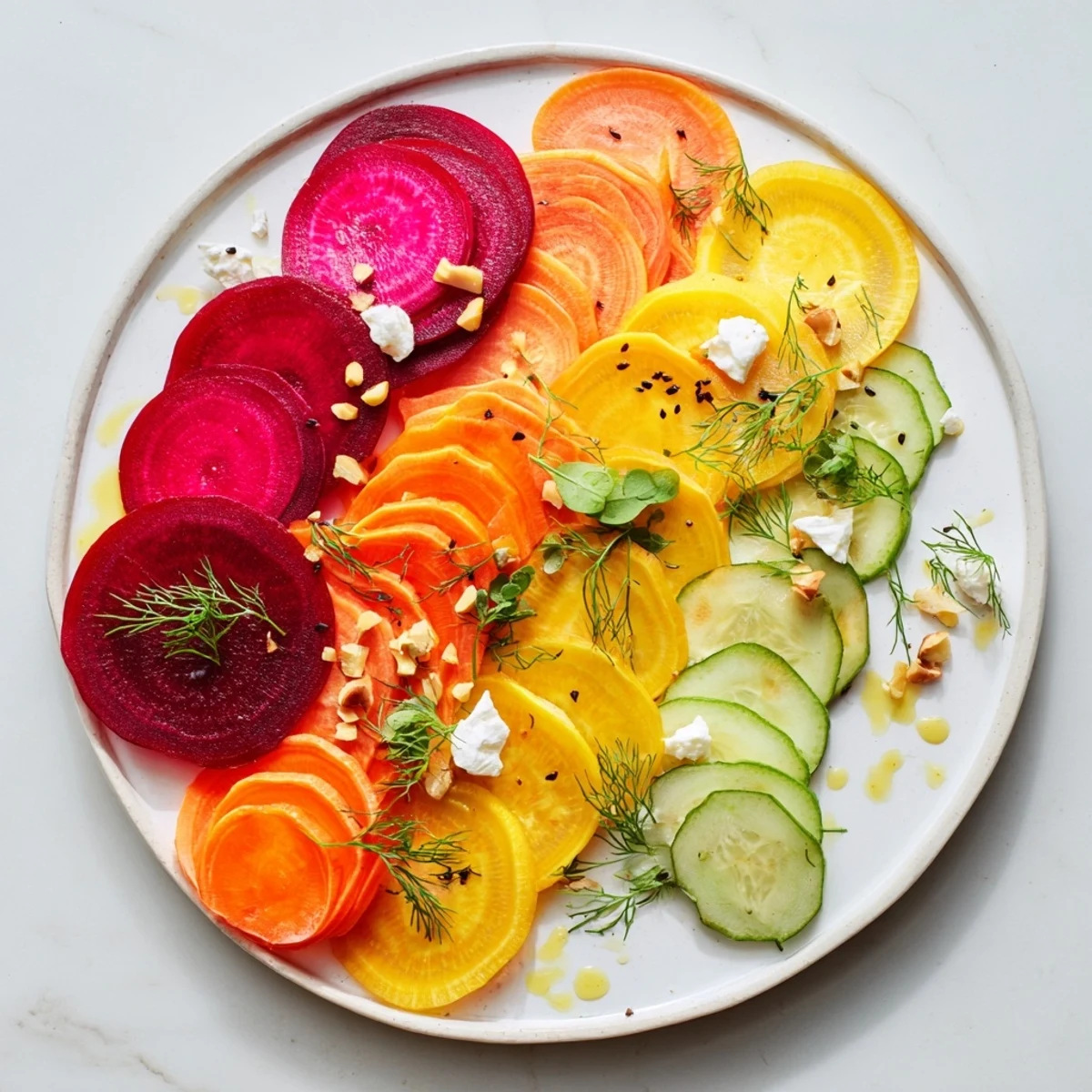 A colorful "Kinetic Motion Blur" appetizer, with overlapping vegetable slices and creamy goat cheese.