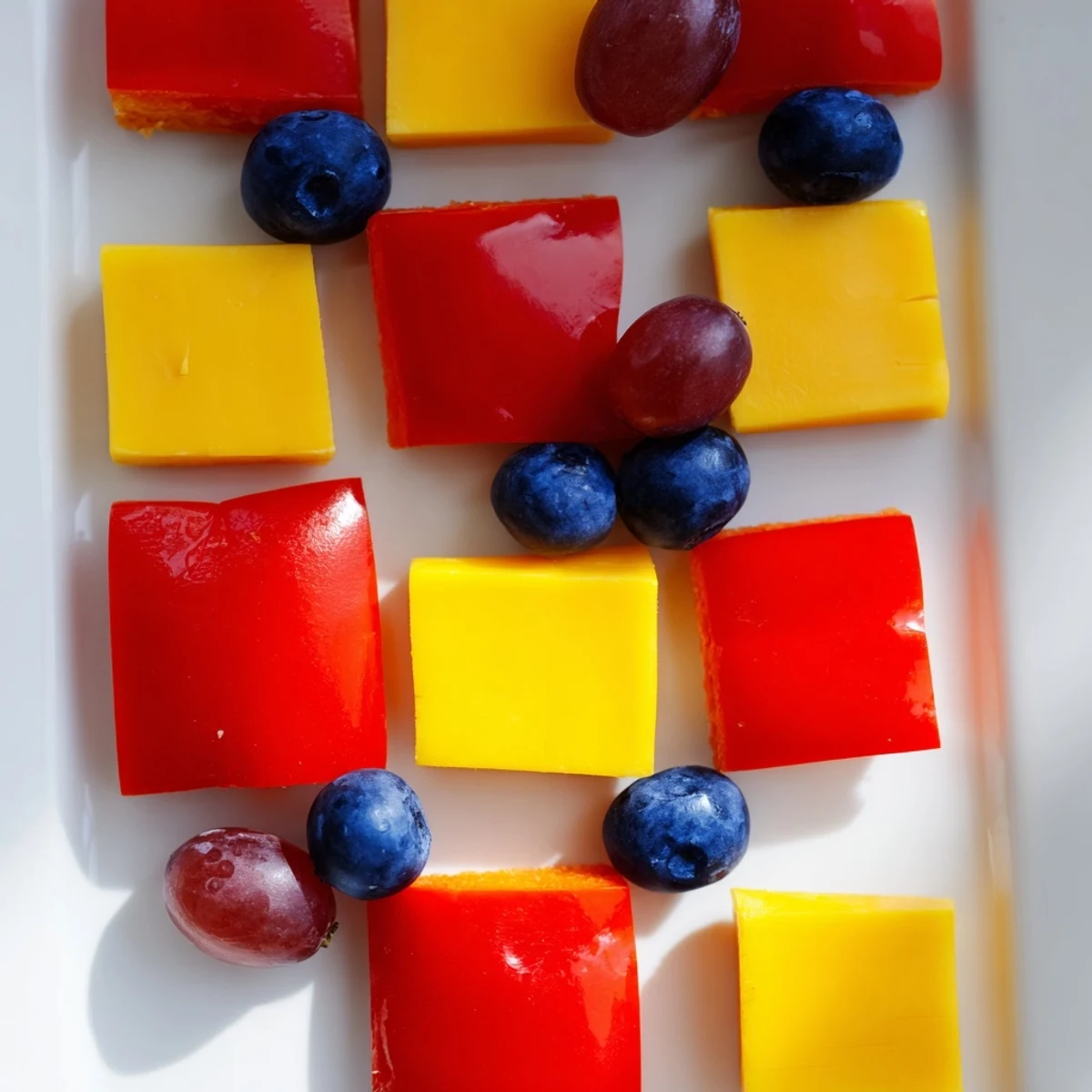 A beautiful Bauhaus Block appetizer, vibrant red peppers, yellow cheese, and blue grapes displayed.
