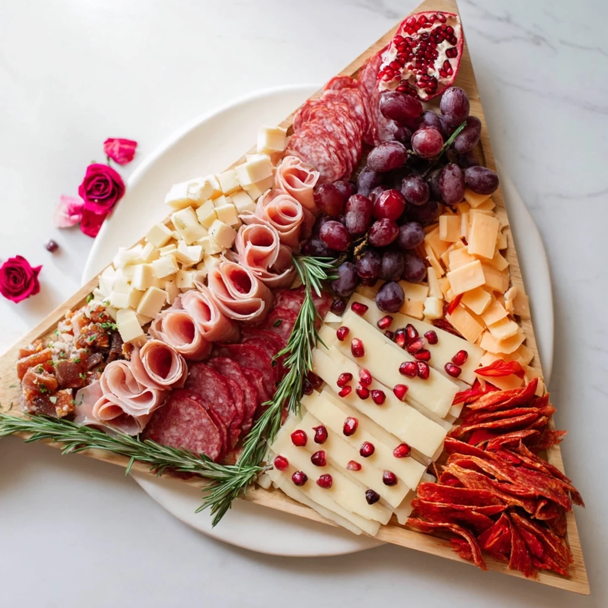 A vibrant image of The Crimson Crest, a charcuterie board overflowing with red meats and cheeses.
