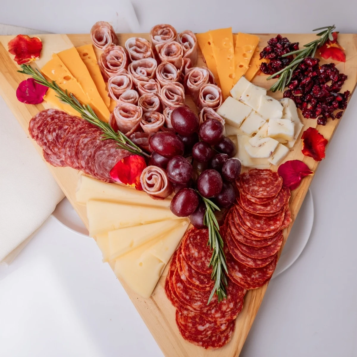 Elegant presentation of The Crimson Crest charcuterie board: red grapes, meats and wine-infused cheeses.